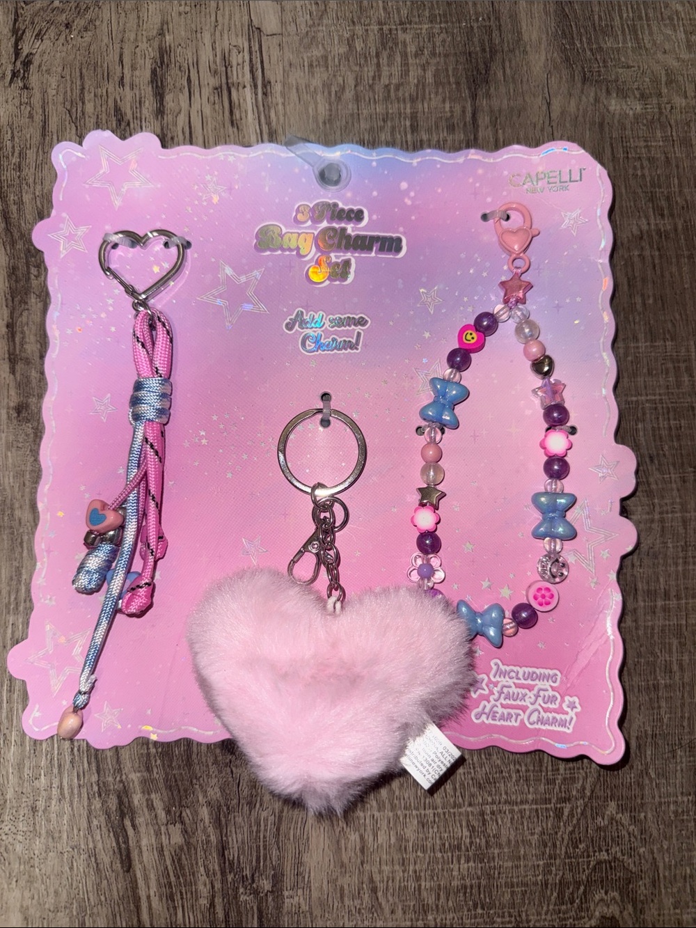 Capelli of New York Pink Plush Heart Bag Charm & Bead Keychain Set